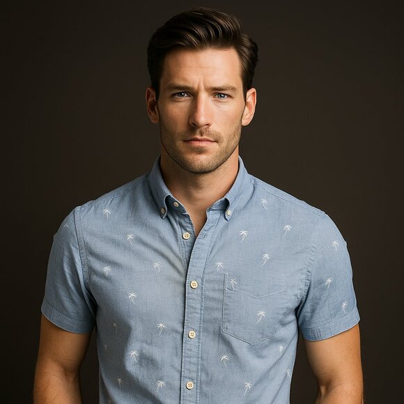 Denim & Flower Slim Fit Palm Print Short-Sleeve Shirt – Size Small - Picture 1 of 10